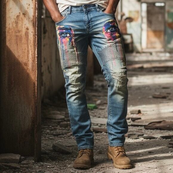 Mens Jeans Size 36/32 Streetwear Skinny Stretch Painted Eyes Colorful Graffiti - Picture 1 of 10